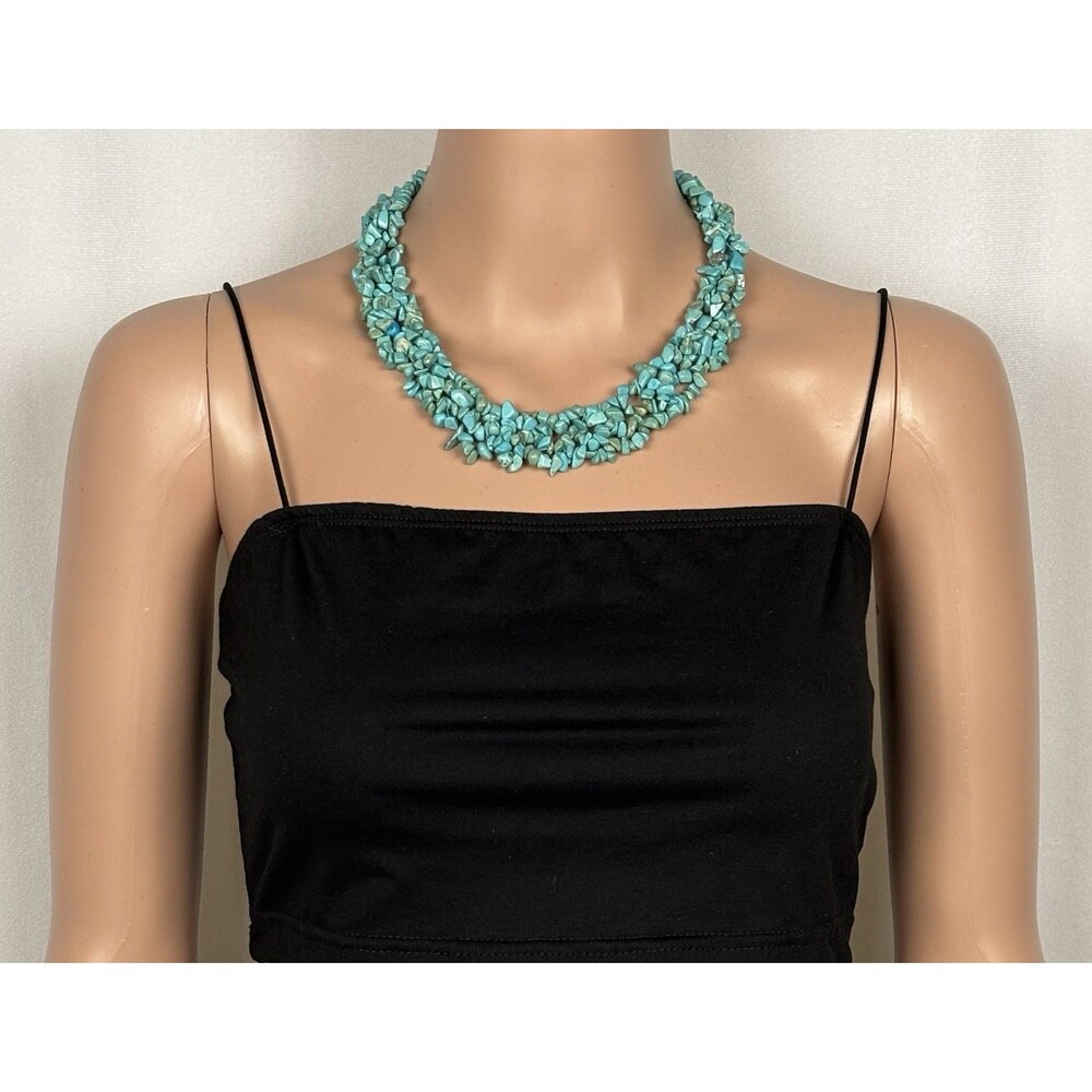 Multi-Strand Turquoise Chip Necklace Chunky Blue Statement Toggle Clasp 18" Boho